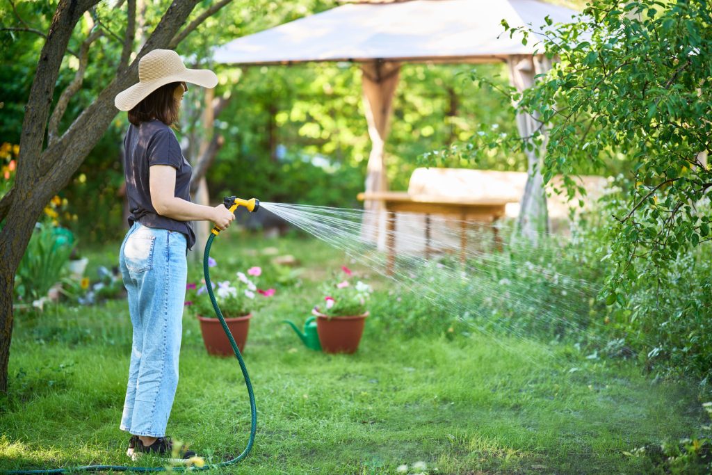 Young Woman In Hat Watering Flowers And Plants In 2026 03 27 02 08 06 Utc